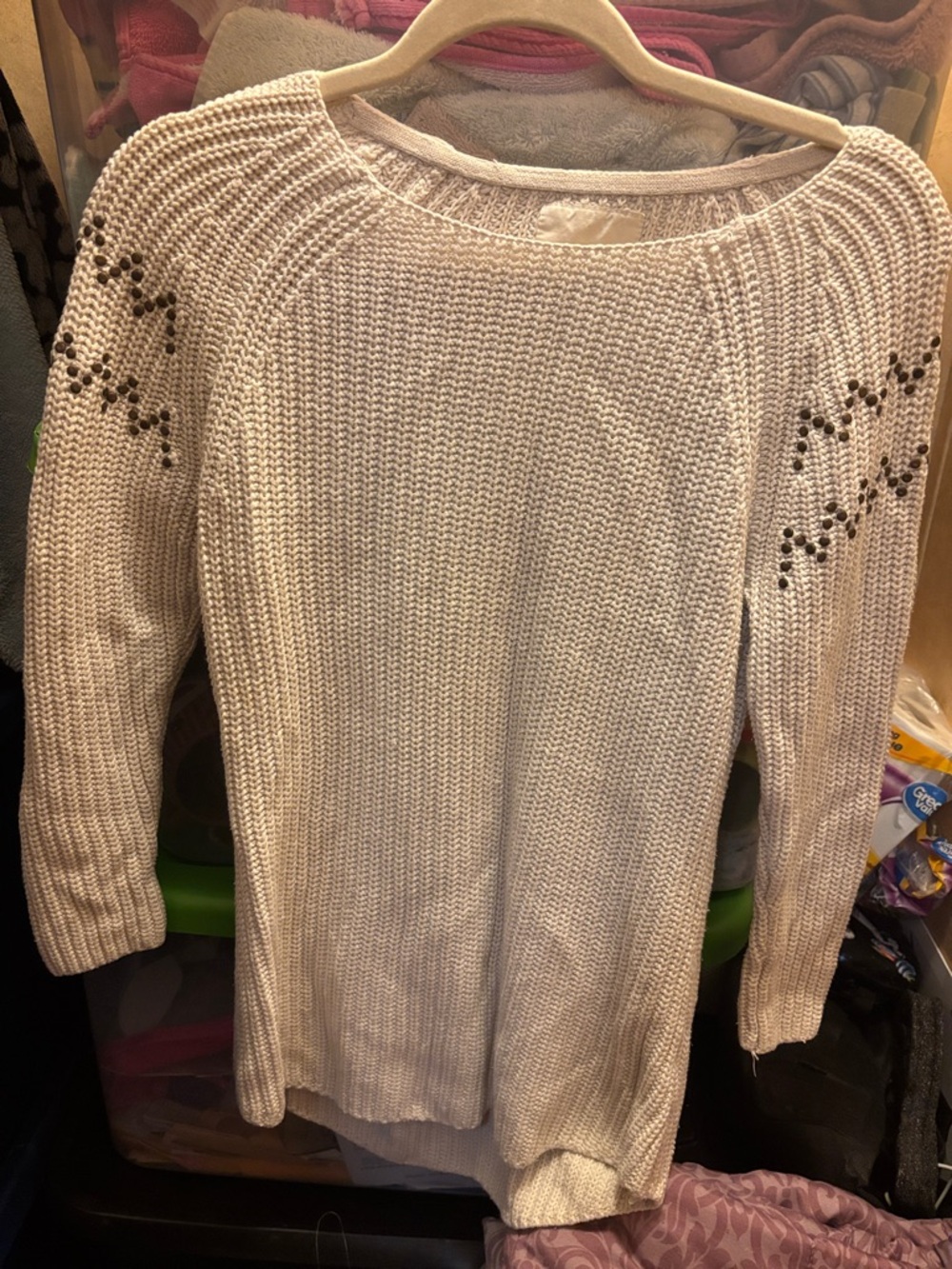 Women’s Cream Crewneck Knit Sweater with Eyelet Shoulder Detail